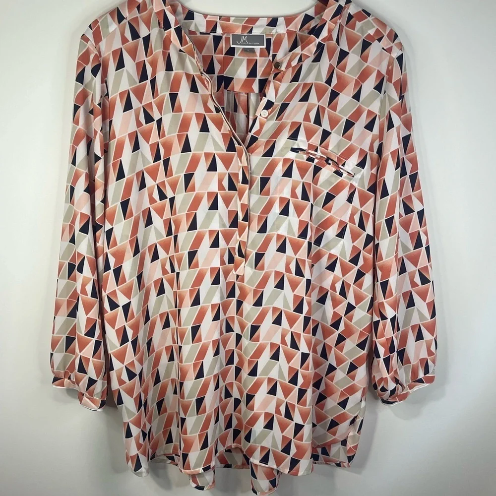 JM Collection Geometric Print Blouse in Orange and Black - Picture 1 of 8